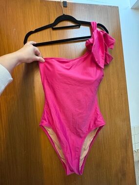 J. Crew Bright Pink One-Shoulder Bow One-Piece Swim